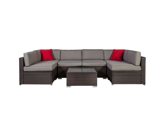 Садовая мебель CLIFF с подушками, стол и угловой диван, алюминиевая рама с пластиковым плетением, цвет: коричневый