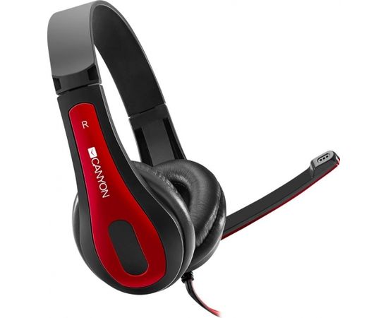 CANYON HSC-1 basic PC headset with microphone, combined 3.5mm plug, leather pads, Flat cable length 2.0m, 160*60*160mm, 0.13kg, Black-red