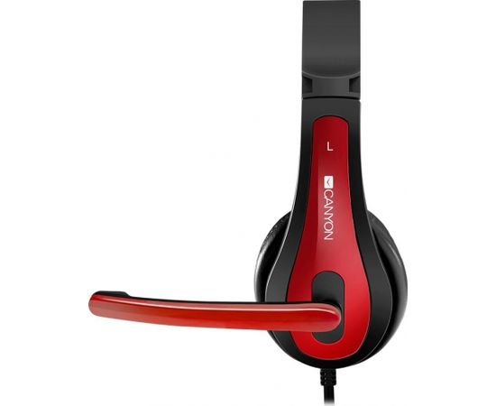 CANYON HSC-1 basic PC headset with microphone, combined 3.5mm plug, leather pads, Flat cable length 2.0m, 160*60*160mm, 0.13kg, Black-red