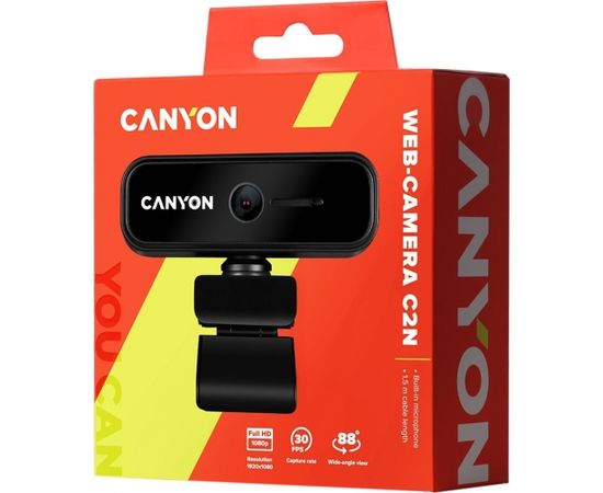 CANYON C2N 1080P full HD 2.0Mega fixed focus webcam with USB2.0 connector, 360 degree rotary view scope, built in MIC, Resolution 1920*1080, viewing angle 88°, cable length 1.5m, 90*60*55mm, 0.095kg, Black