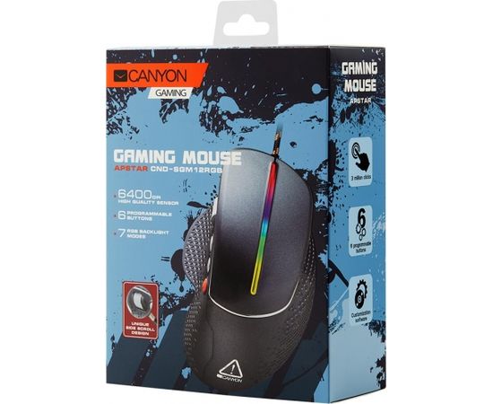 Canyon Wired High-end Gaming Mouse with 6 programmable buttons, sunplus optical sensor, 6 levels of DPI and up to 6400, 2 million times key life, 1.65m Braided USB cable,Matt UV coating surface and RGB lights with 7 LED flowing mode, size:123*81*53mm, 150