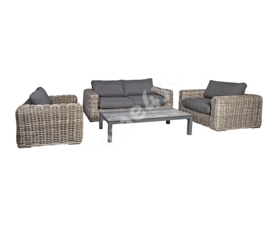 Садовая мебель CALISTA с подушками, стол, диван и 2 стула, алюминиевая рама с пластиковым плетением, цвет: серый