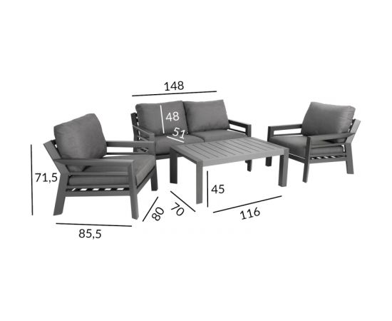 Комплект садовой мебели TOMSON стол, диван и 2 стула, темно-серая алюминиевая рама, серые подушки
