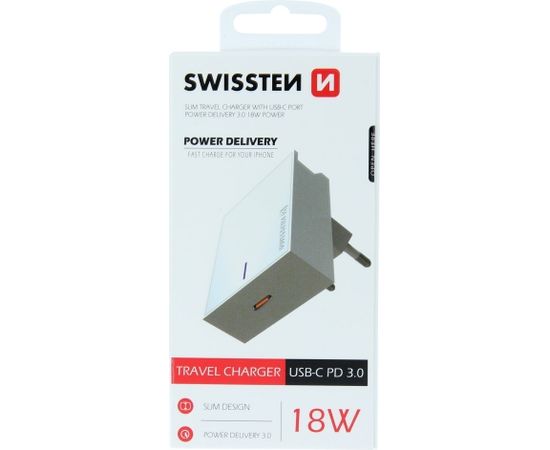 Swissten Premium 18W Tīkla Lādētājs USB-C PD 3.0: 5V / 3A / 9V / 2A, 12V / 1.5A Balts