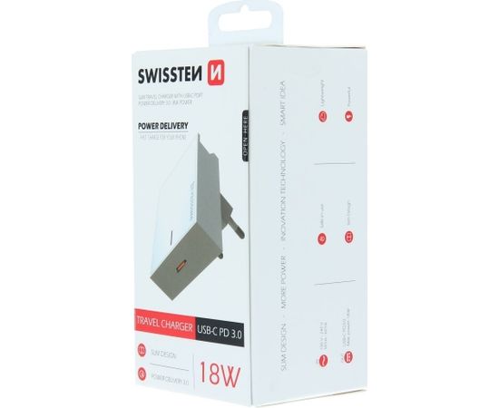 Swissten Premium 18W Tīkla Lādētājs USB-C PD 3.0: 5V / 3A / 9V / 2A, 12V / 1.5A Balts