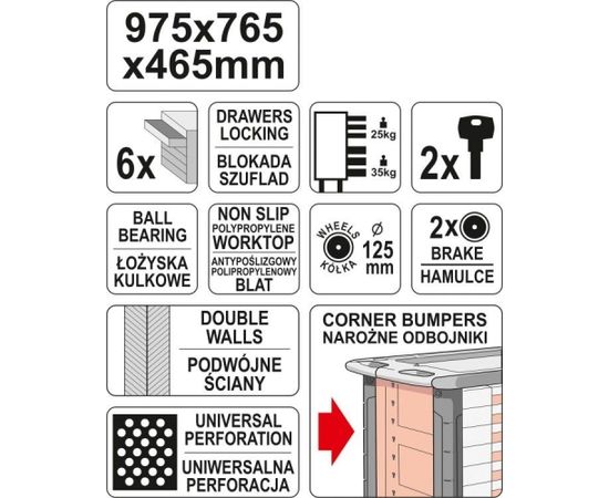 Instrumentu rati Yato 6 atvlknes  975 x 765 x 465 mm (YT-55299)