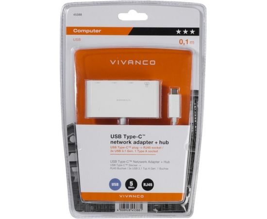 Vivanco адаптер USB-C - LAN + hub 3-port (45388)