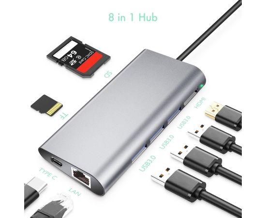 RoGer USB-C Hub 8in1 ar USB C x2 / USB 3.0 x2 / RJ45 / HDMI / SD karšu lasītāju / TF karšu lasītāju