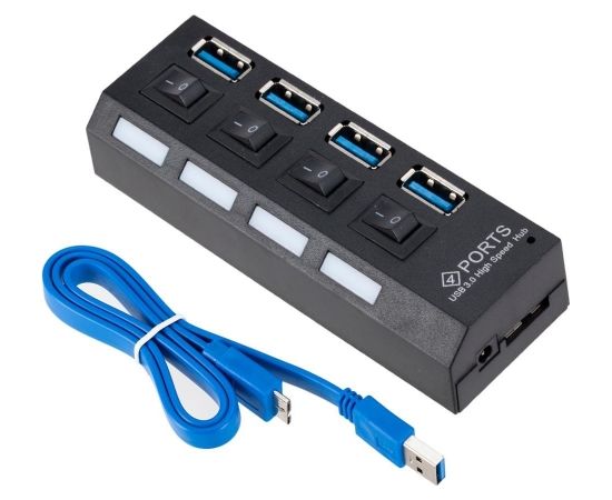 Roger AD15653 USB 3.0 Hubs - Sadalītājs 4 x USB 3.0 / 5 Gbps  Ar atsevišķam Ieslēgšanas / Izslēgšanas pogām Melns