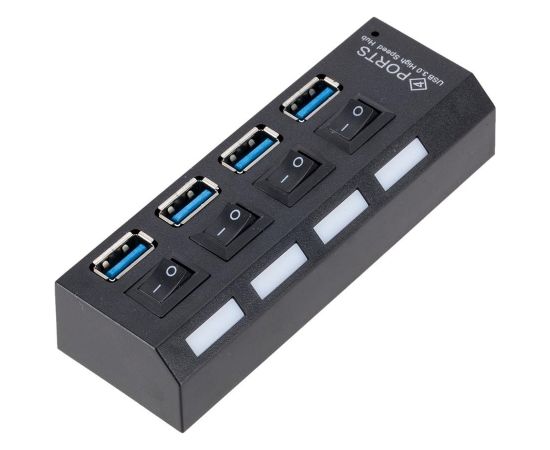 Roger AD15653 USB 3.0 Hubs - Sadalītājs 4 x USB 3.0 / 5 Gbps  Ar atsevišķam Ieslēgšanas / Izslēgšanas pogām Melns