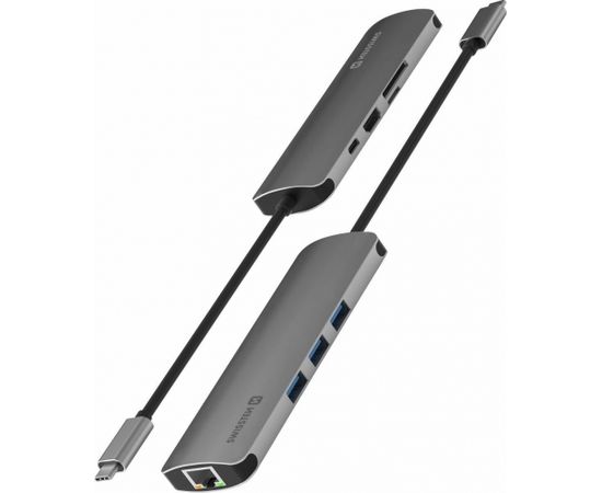 Swissten USB-C Sadalītājs 8in1 ar 3X USB 3.0 / 1X USB-C Power Delivery / 1X microSD / 1X SD / 1x HDMI 4K / 1x LAN RJ45 / Alumīnija korpuss USB / Type-C Hub