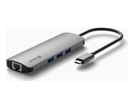 Swissten USB-C Sadalītājs 8in1 ar 3X USB 3.0 / 1X USB-C Power Delivery / 1X microSD / 1X SD / 1x HDMI 4K / 1x LAN RJ45 / Alumīnija korpuss USB / Type-C Hub