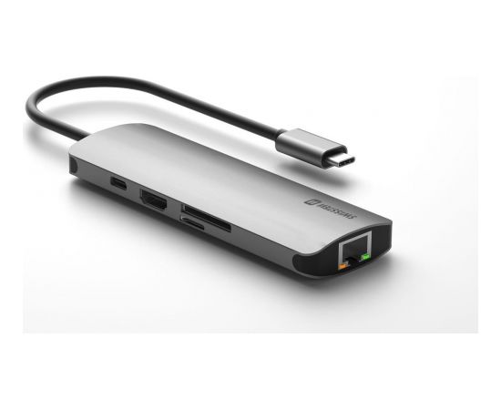 Swissten USB-C Sadalītājs 8in1 ar 3X USB 3.0 / 1X USB-C Power Delivery / 1X microSD / 1X SD / 1x HDMI 4K / 1x LAN RJ45 / Alumīnija korpuss USB / Type-C Hub