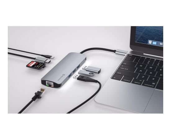 Swissten USB-C Sadalītājs 8in1 ar 3X USB 3.0 / 1X USB-C Power Delivery / 1X microSD / 1X SD / 1x HDMI 4K / 1x LAN RJ45 / Alumīnija korpuss