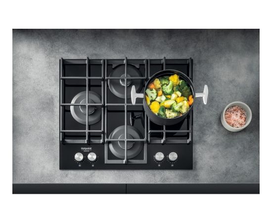 Ariston Hotpoint Hob HAGS 61F/BK Gas on glass, Number of burners/cooking zones 4, Mechanical, Black Iebūvējama virsma - Gāzes