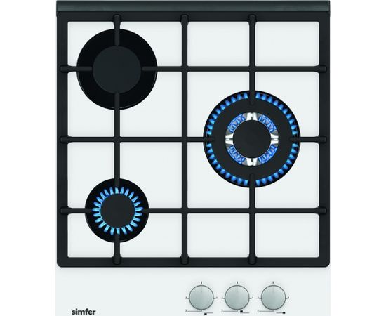 Simfer Hob H4.305.HGSBB Gas on glass, Number of burners/cooking zones 3, Rotary painted inox knobs, White