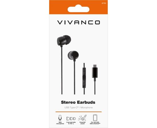 Vivanco наушники + микрофон Stereo Earbuds USB-C, черные (61752)