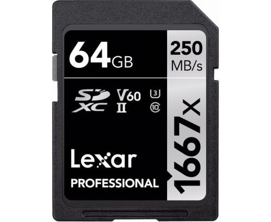 Lexar карта памяти SDXC 64ГБ Pro 1667x U3 V60 250МБ/с