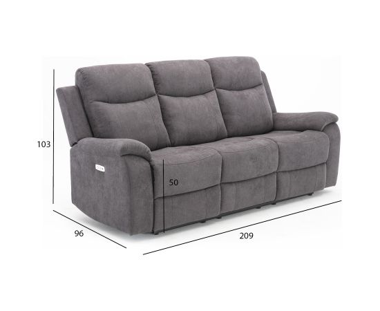 Dīvāns MILO 3-vietīgs 209x96xH103cm, ar elektrisko mehānismu, pelēks