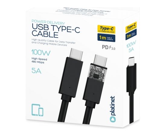 Platinet кабель USB-C - USB-C 5A 100W 1 м, черный (PUCC5A1B)