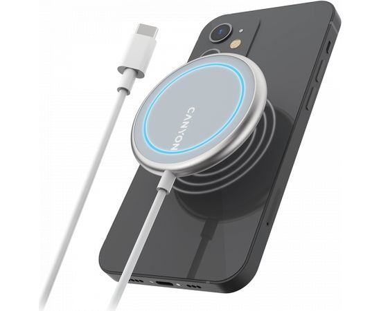 CANYON WS-100 Wireless charger, Input 9V/2A, 9V/2.7A, 12V/2A, Output 15W/10W/7.5W/5W, Type c cable length 1.5m, Acrylic surface+Aluminium alloy edge, 59*59*7mm, 0.06Kg, Silver