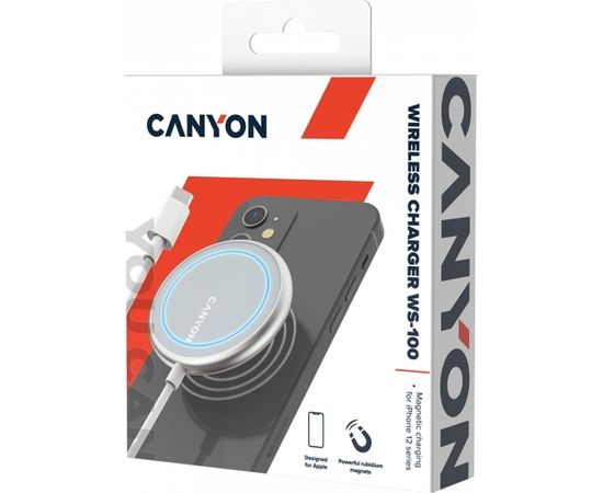 CANYON WS-100 Wireless charger, Input 9V/2A, 9V/2.7A, 12V/2A, Output 15W/10W/7.5W/5W, Type c cable length 1.5m, Acrylic surface+Aluminium alloy edge, 59*59*7mm, 0.06Kg, Silver