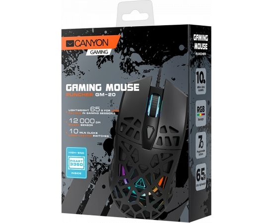 Canyon Puncher GM-20 High-end Gaming Mouse with 7 programmable buttons, Pixart 3360 optical sensor, 6 levels of DPI and up to 12000, 10 million times key life, 1.65m Ultraweave cable, Low friction with PTFE feet and colorful RGB lights, Black, size:126x67