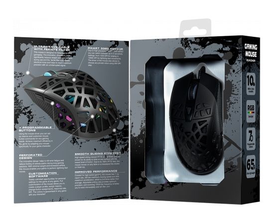 Canyon Puncher GM-20 High-end Gaming Mouse with 7 programmable buttons, Pixart 3360 optical sensor, 6 levels of DPI and up to 12000, 10 million times key life, 1.65m Ultraweave cable, Low friction with PTFE feet and colorful RGB lights, Black, size:126x67