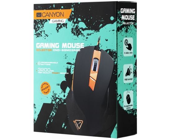 CANYON Eclector GM-3 Wired Gaming Mouse with 6 programmable buttons, Pixart optical sensor, 4 levels of DPI and up to 3200, 5 million times key life, 1.65m Braided USB cable,rubber coating surface and colorful RGB lights, size:130*75*40mm, 140g