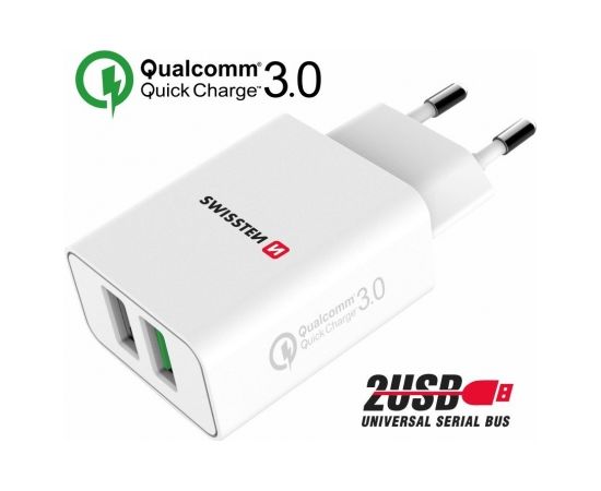 Swissten Premium Tīkla Lādētājs 2x USB / QC3.0 23W Balts