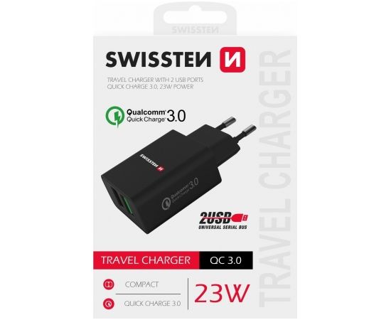 Swissten Premium Tīkla Lādētājs 2x USB / QC3.0 23W Melns