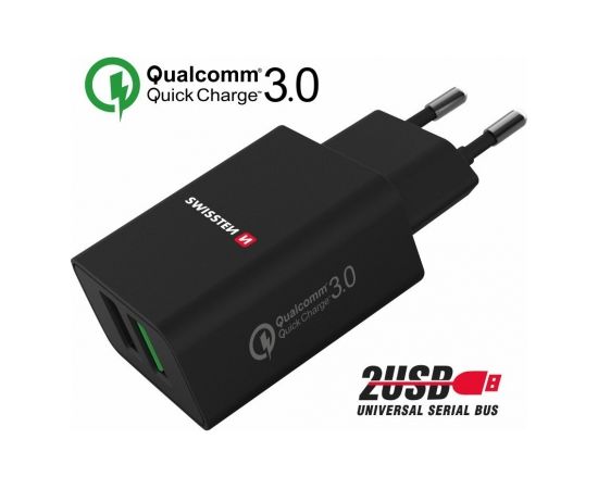 Swissten Premium Tīkla Lādētājs 2x USB / QC3.0 23W Melns Telefonu lādētāji 220v