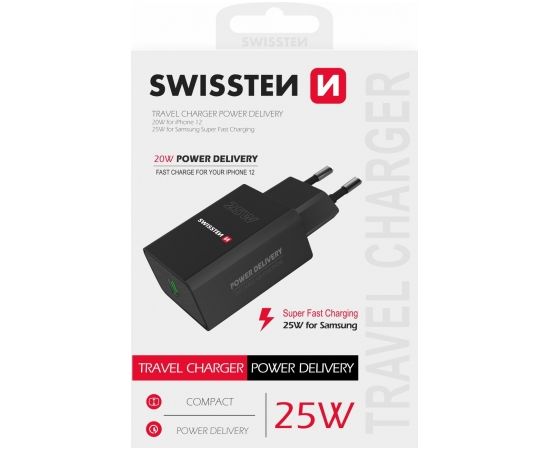 Swissten Premium 25W Tīkla Lādētājs USB-C PD 3.0 Melns Telefonu lādētāji 220v