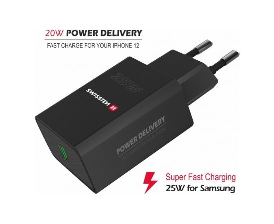 Swissten Premium 25W Tīkla Lādētājs USB-C PD 3.0 Melns Telefonu lādētāji 220v