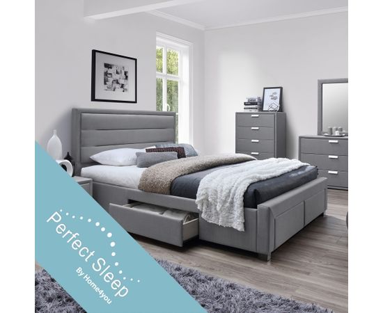 Кровать CAREN с 4-ящиками, с матрасом HARMONY DELUX (85266) 160x200см, обивка из мебельного текстиля, цвет: серый