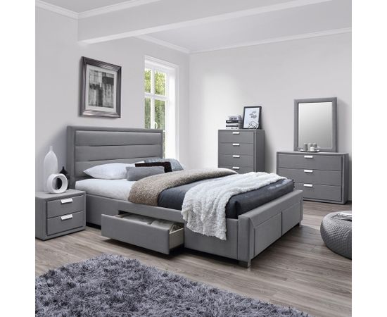 Gulta CAREN 160x200cm, ar 4 atvilktnēm, bez matrača, mēbeļu tekstila apšuvums, krāsa: pelēka Gultas