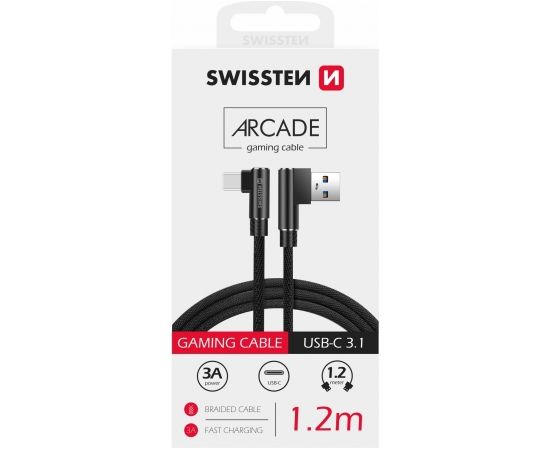 Swissten Pītais L Tipa Universāls Quick Charge 3.1 USB uz USB-C Datu un Uzlādes Kabelis 1.2m Melns